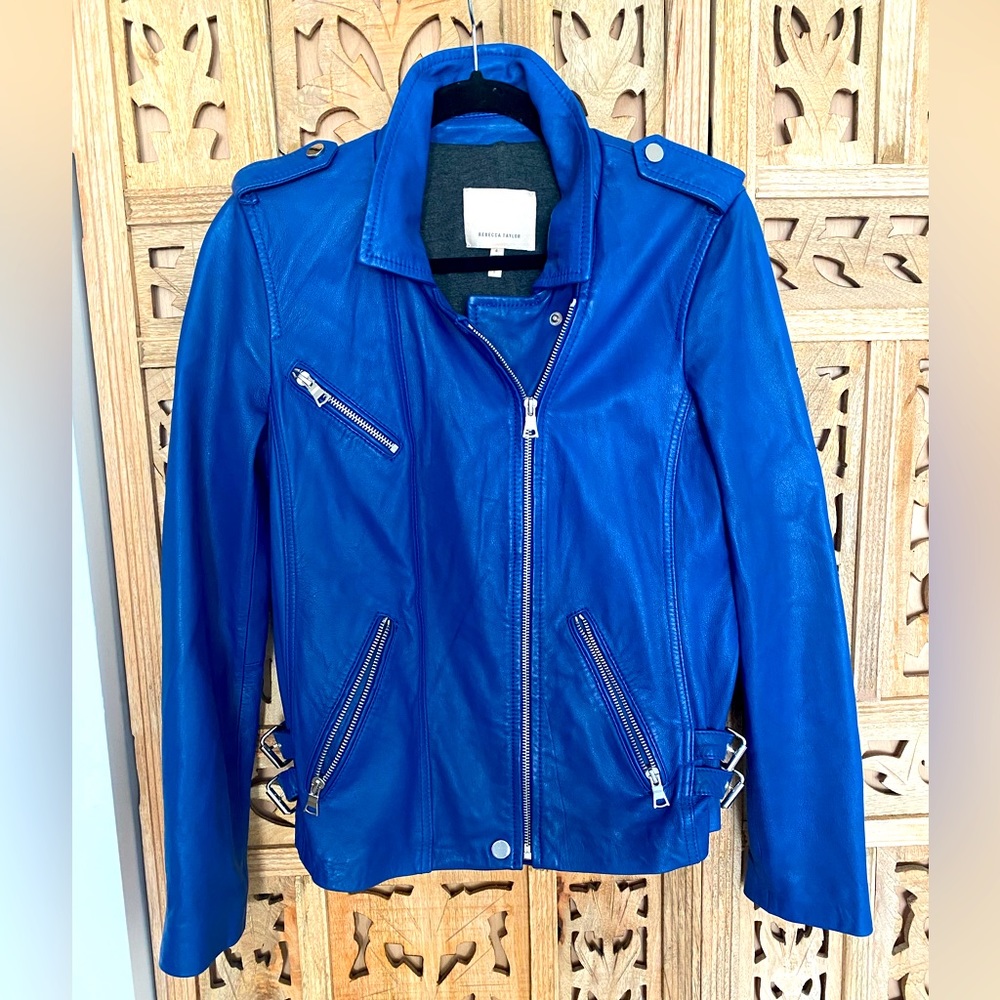Vivid Blue Rebecca Taylor Leather Moto Jacket  SZ 4
